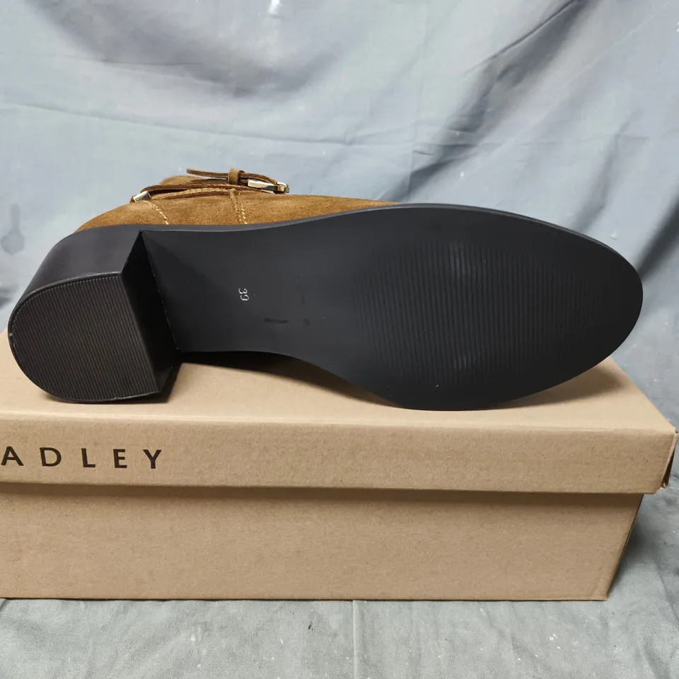 BOXED PAIR OF RADLEY BROWN SUEDE ANKLE BOOT WITH BUCKLE STRAP – SIZE 6