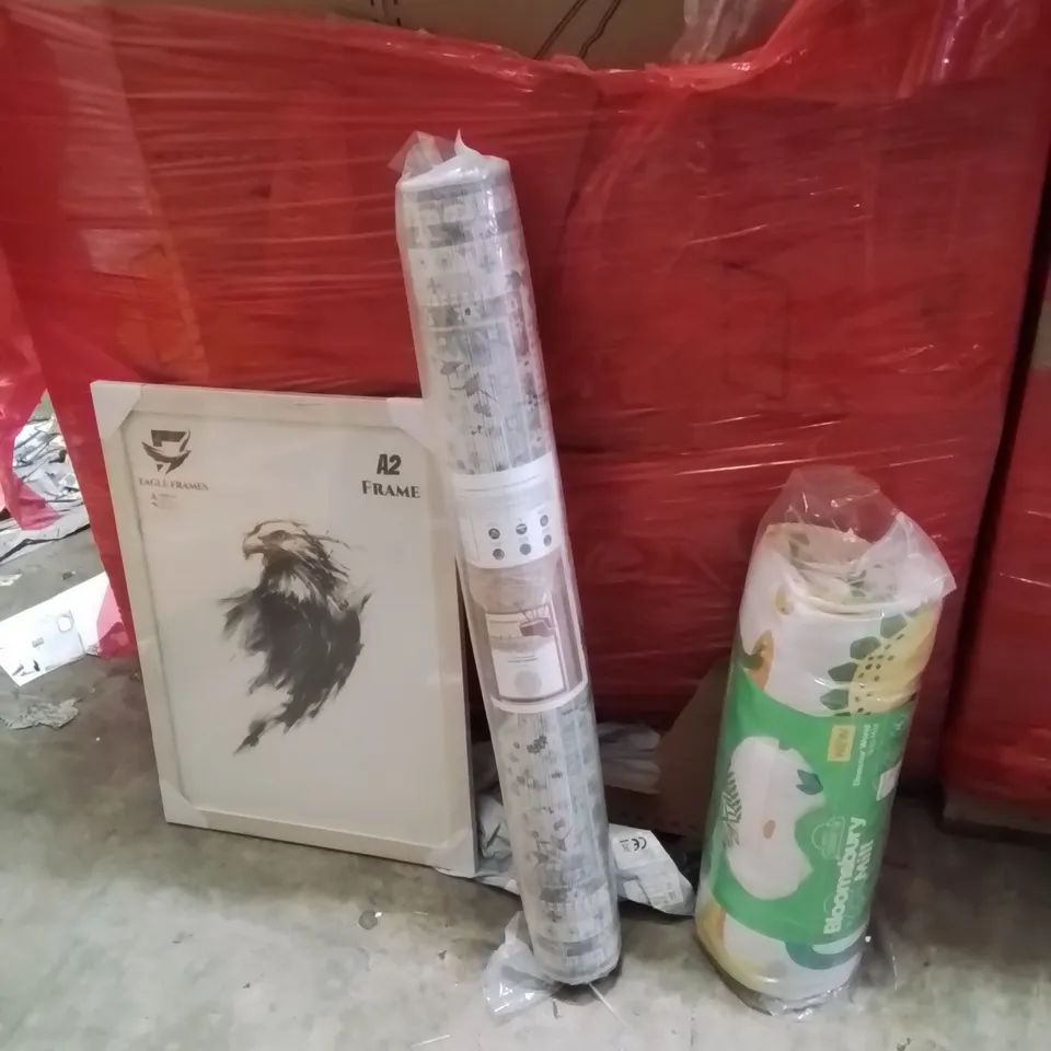 PALLET OF ASSORTED HOUSEHOLD GOODS AND PRODUCTS TO INCLUDE;A2 PICTURE FRAME,AREA RUG,NAP MAT