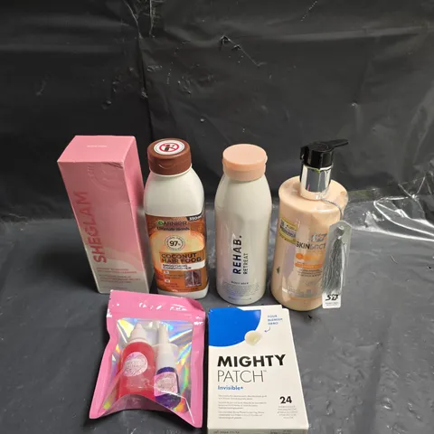 APPROXIMATEY 20 ASSORTED HEALTH AND BEAUTY PRODUCTS TO INCLUDE - SHEGLAM CLEANSER - MIGHTY PATCH AND REHAB RETREAT BODY MILK