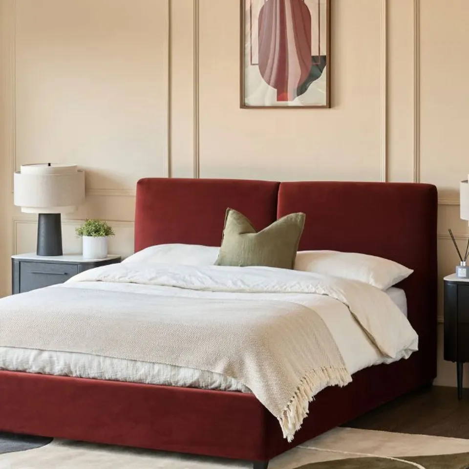 BOXED DANETTI LEONA SUPER KING OTTOMAN BED - TOFFEE RED SIGNATURE VELVET (3 BOXES)