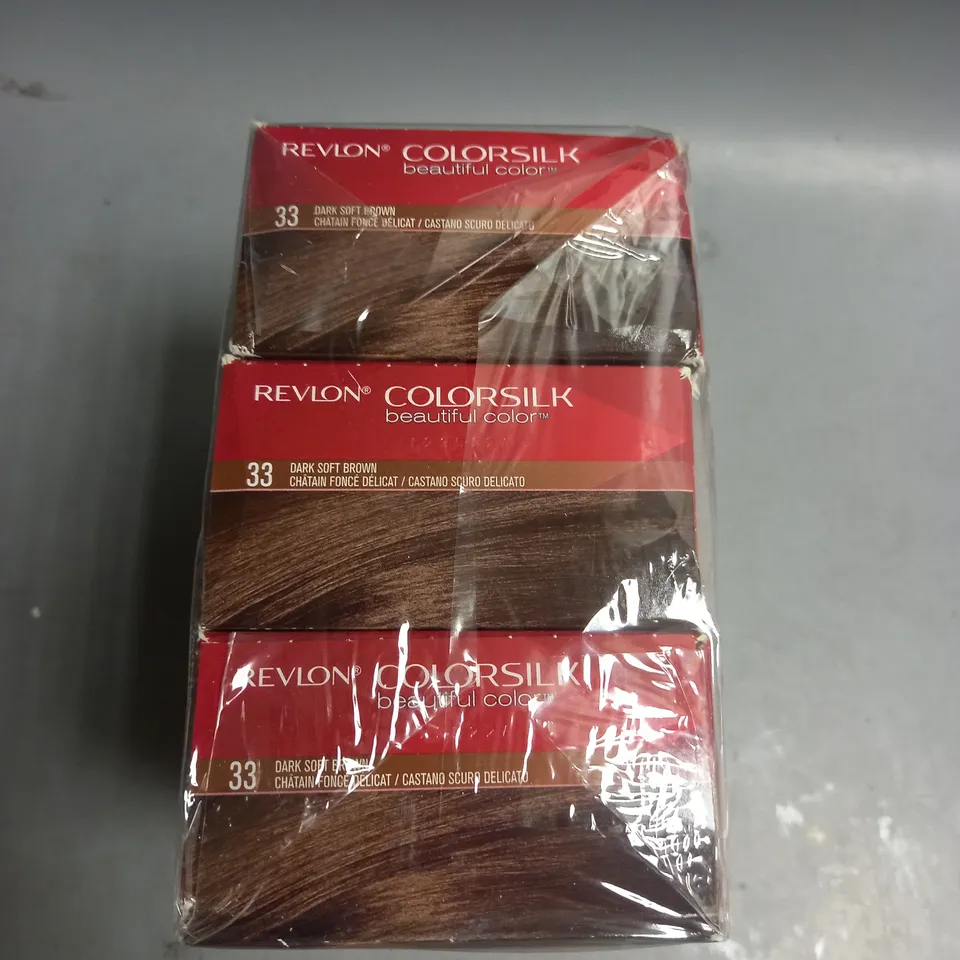 LOT OF 3 BOXED REVLON COLORSILK PERMANENT HAIR COLOUR NO 33 DARK SOFT BROWN