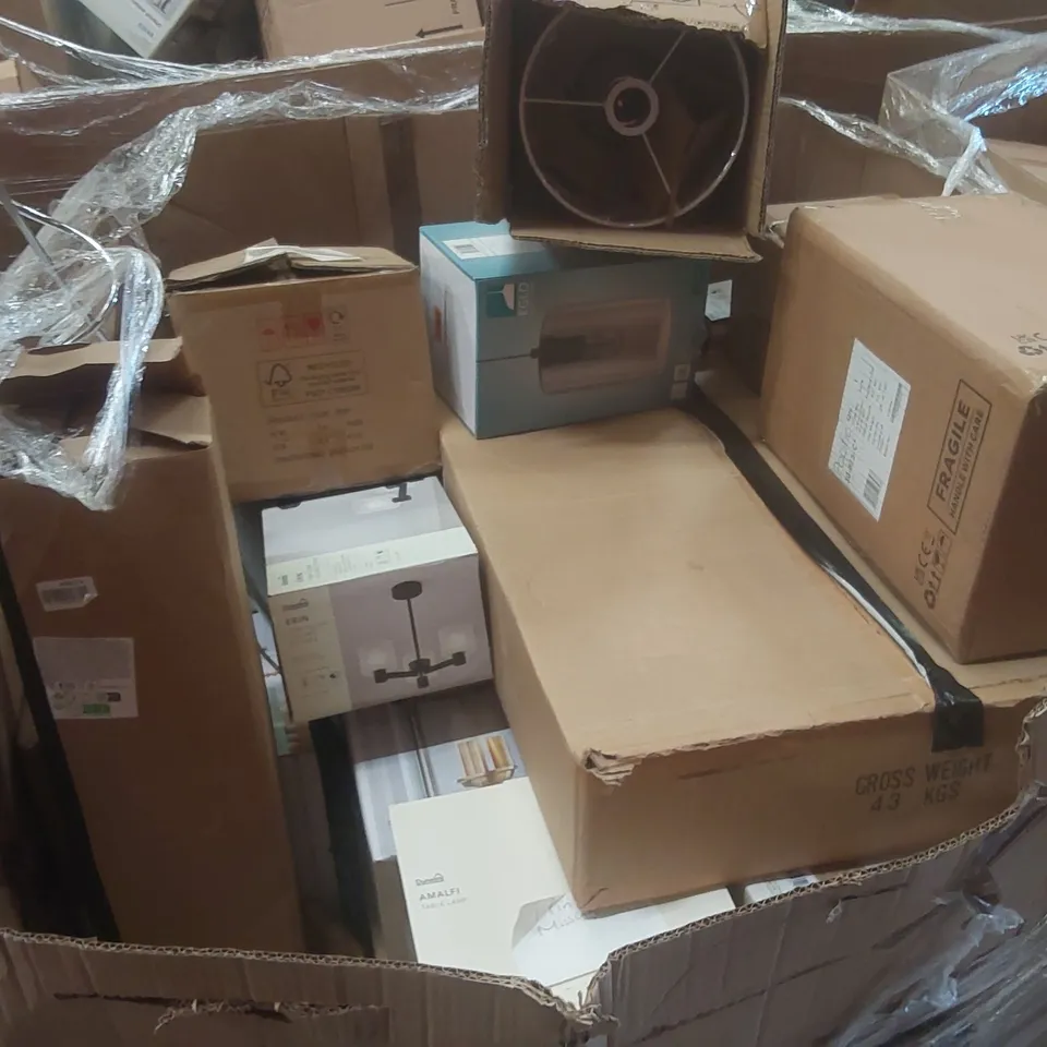 PALLET CONTAINING A VERY LARGE QUANTITY OF ASSORTED DESIGNER LIGHTING PRODUCTS TO INCLUDE: TABLE LAMP, CEILING LIGHTS, FLOOR LAMP ECT