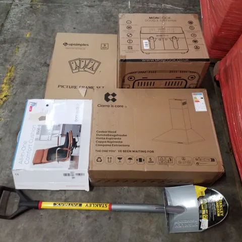 PALLET CONTAINING ASSORTED PRODUCTS INCLUDING DOUBLE AIR FRYER, COOKER HOOD, PICTURE FRAME SET, ALL-IN-ONE SEAT CUSHION, ROUND POINT SHOVEL