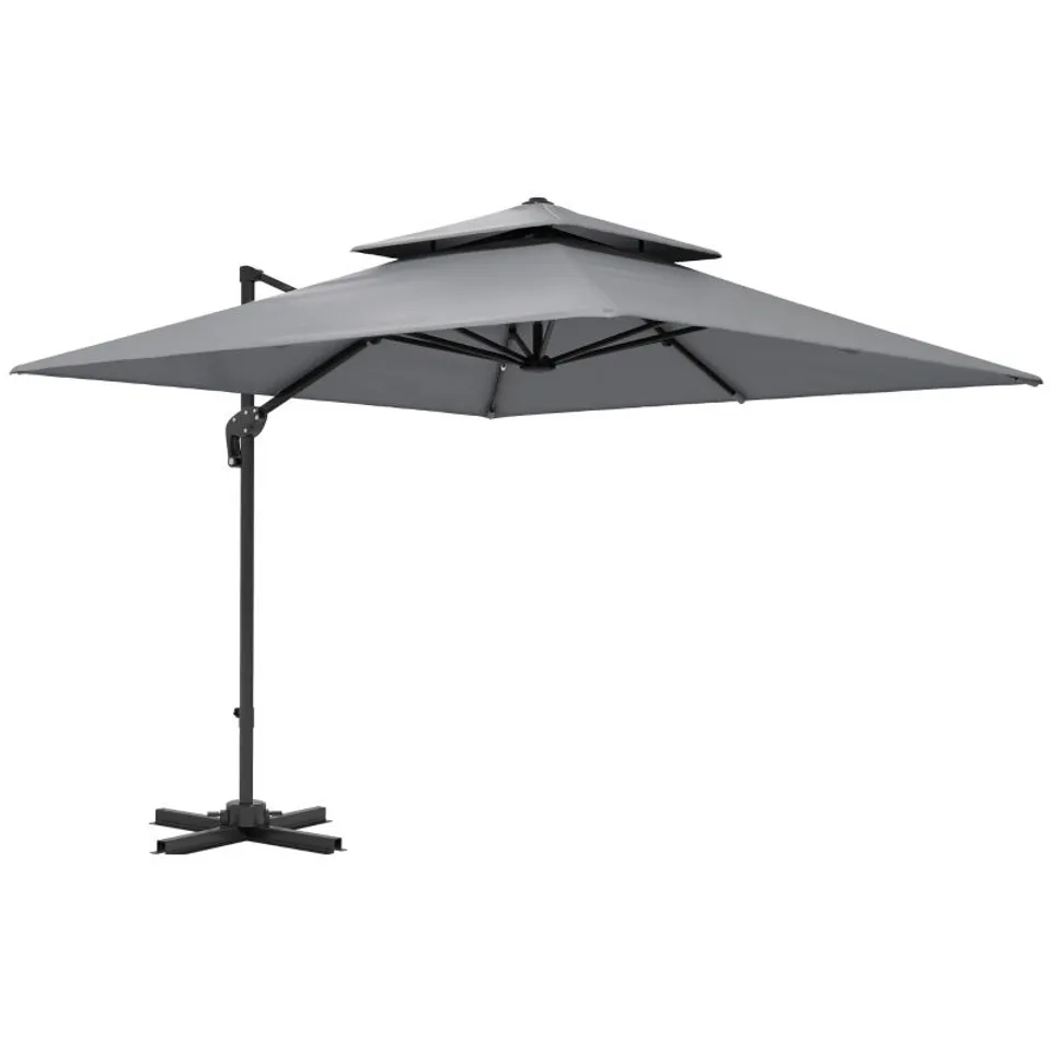 BOXED OUTSUNNY 3 X 3(M) CANTILEVER PARASOL WITH ALUMINIUM FRAME, CRANK AND TILT, 360-DEGREE ROTATION, DOUBLE TOP GARDEN UMBRELLA - LIGHT GREY (1 BOX)