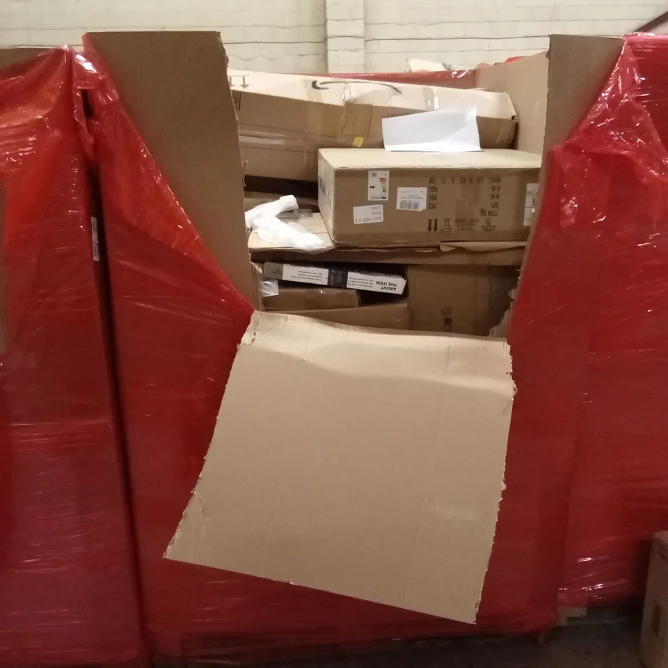 PALLET OF ASSORTED HOUSEHOLD GOODS AND PRODUCTS TO INCLUDE; CEILING FAN LIGHT, PORTABLE AIR COOLER, METAL GARDEN FENCE, TELESCOPIC LADDER ETC
