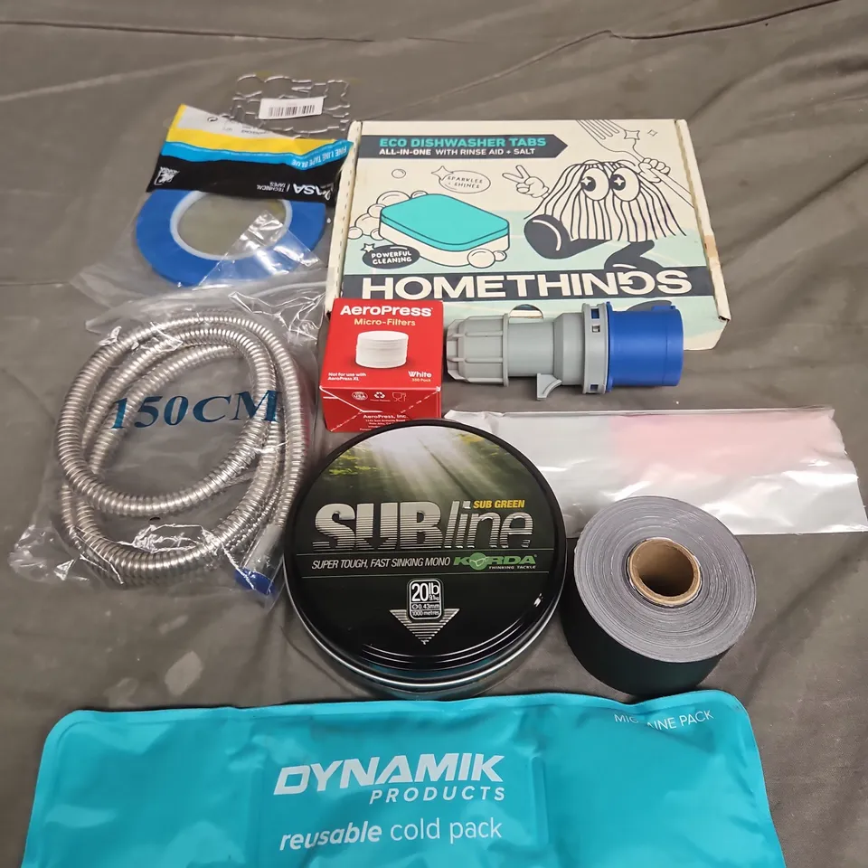 TOTE OF APPROXIMATELY 10 ASSORTED HOUSEHOLD ITEM TO INCLUDE COLD PACK, ECO DISHWASHER TABS AND MICRO FILTERS