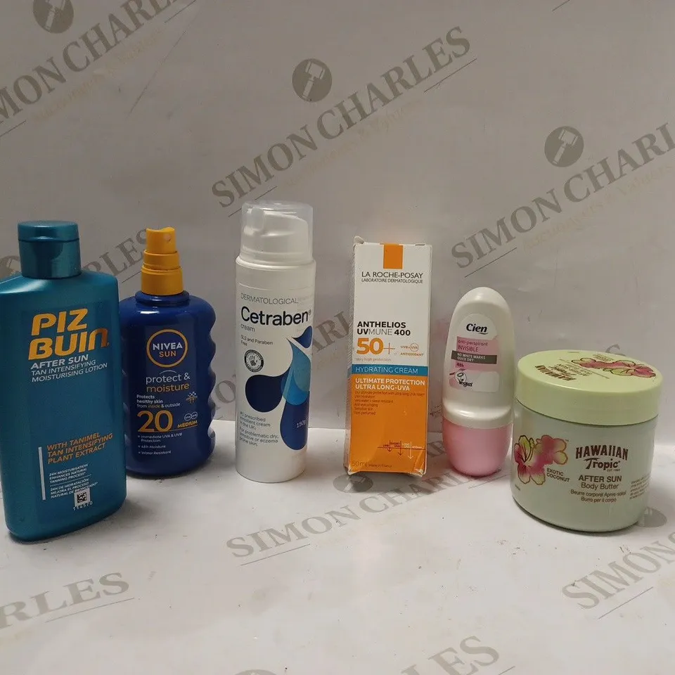 SIX ASSORTED SUN PROTECTION LOTIONS INCLUDING PIZ BUIN AND HAWAIIAN TROPIC AFTER SUN BODY BUTTER