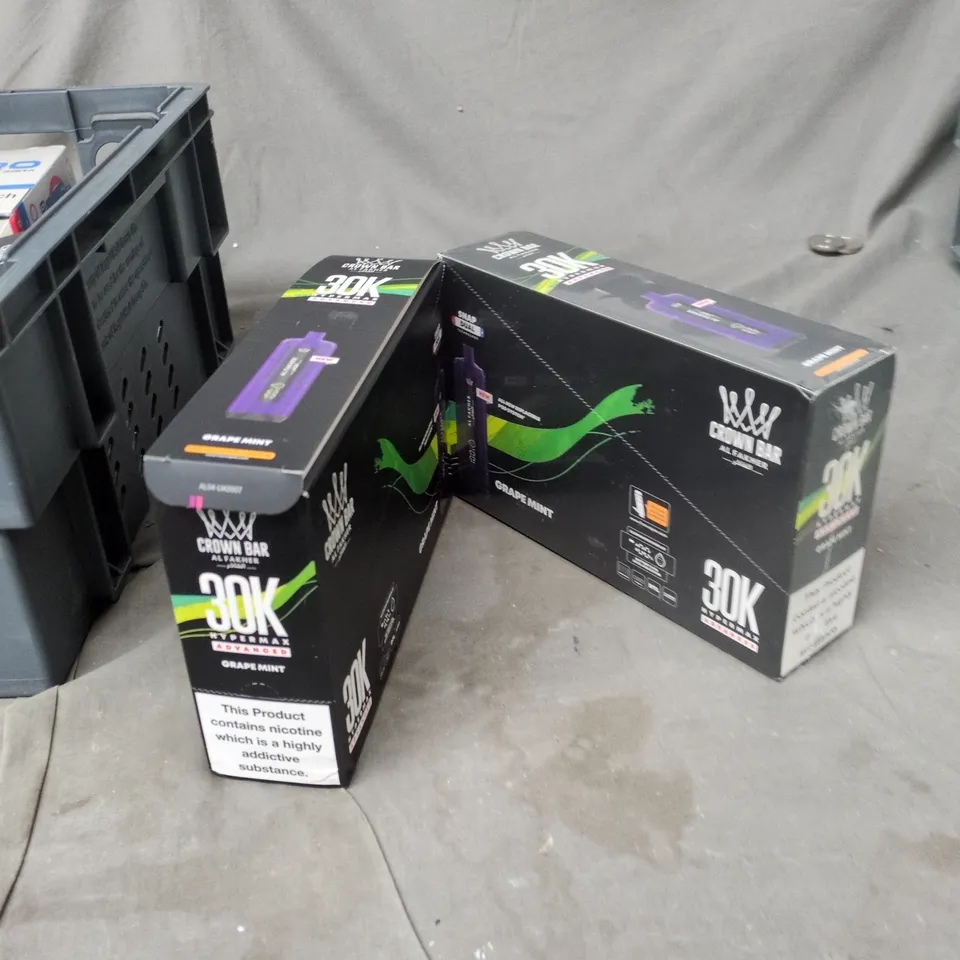 TOTE OF APPROXIMATELY 25 ASSORTED ELECTRONIC CIGARETTE ITEMS TO INCLUDE:  30K CROWNBAR GRAPE MINT 