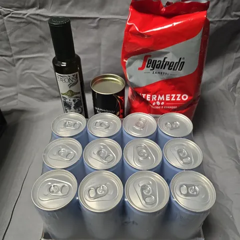APPROXIMATELY 7 ASSORTED FOOD/DRINK PRODUCTS TO INCLUDE TRIP DRINKS, OLIVE OIL, SEGAFREDO COFFEE ETC
