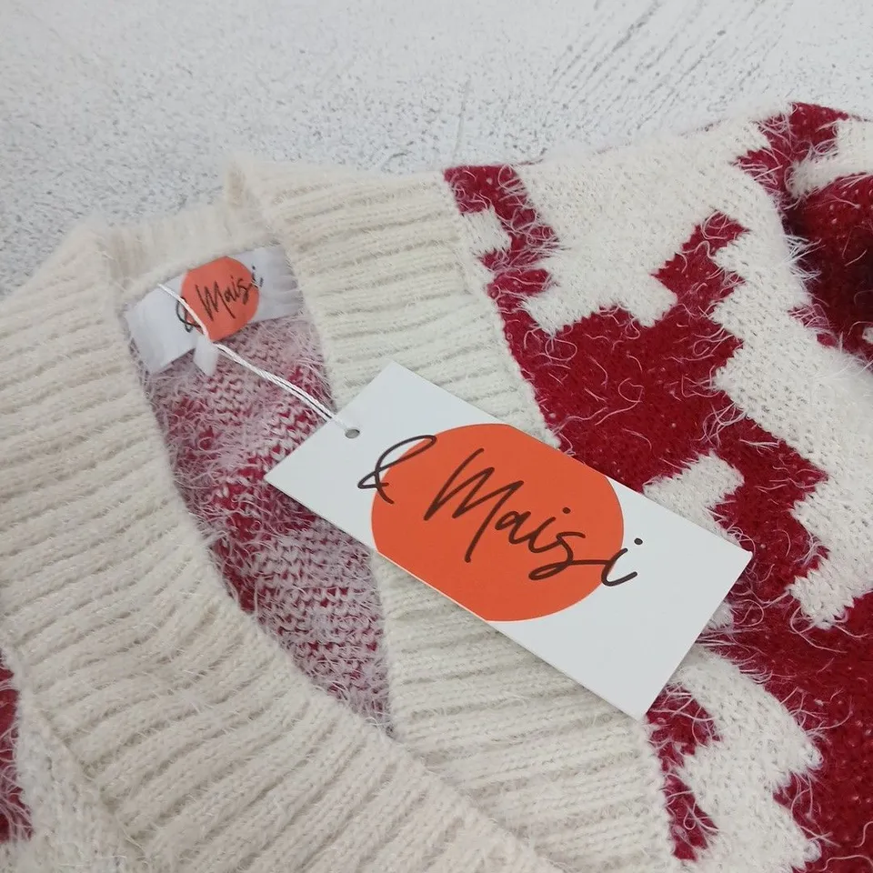 & MAISI - CARDIGAN – CREAM WITH RED JACQUARD PATTERN, BUTTON-FRONT