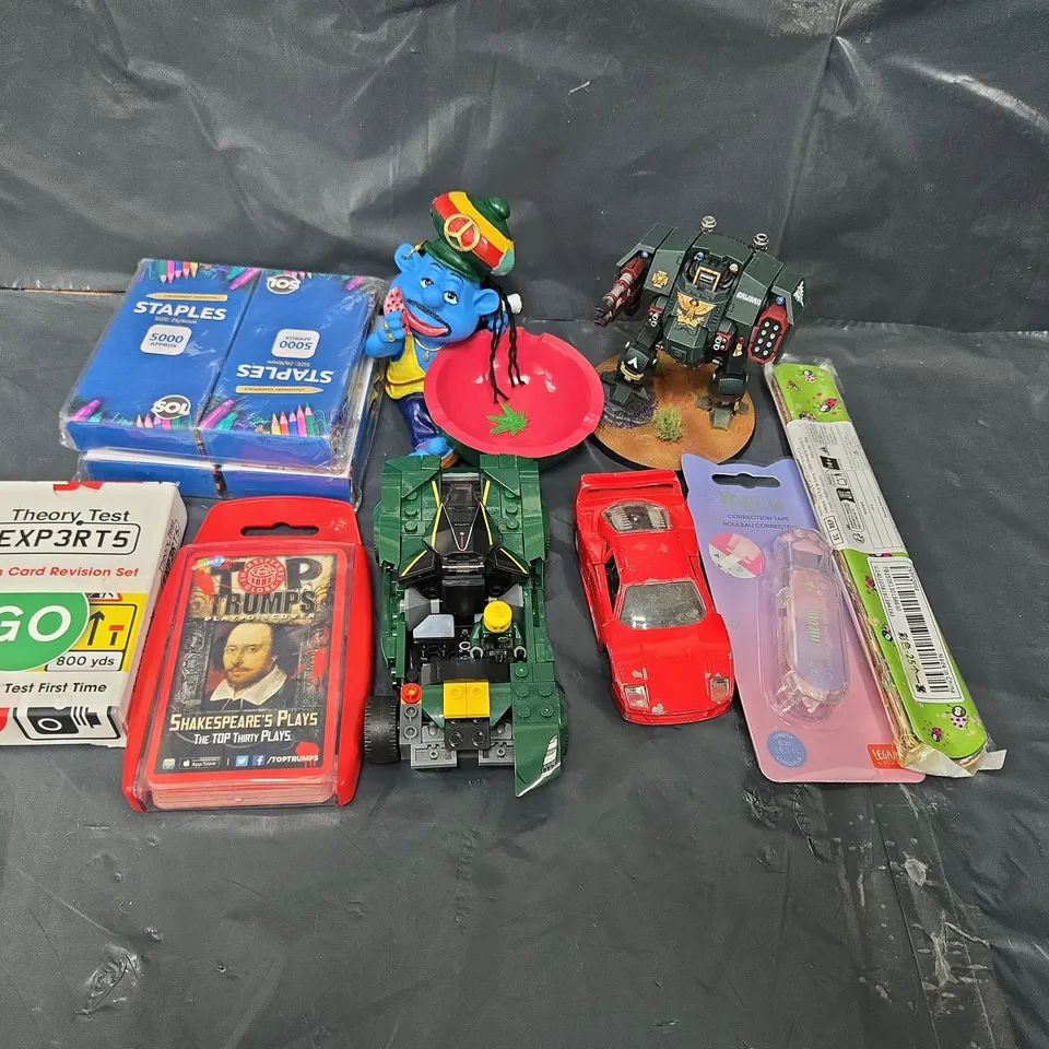 TOTE OF ASSORTED TOYS AND ACCESSORIES TO INCLUDE; STAPLES, TOP TRUMPS SHAKESPEARE PLAYS, LEGO, THEORY TEST FLASH CARDS