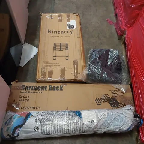 PALLET OF ASSORTED CONSUMER PRODUCTS TO INCLUDE: GARMENT RACK, 4.5M TELESCOPIC LADDER, BACKPACK, BEACH TENT ECT