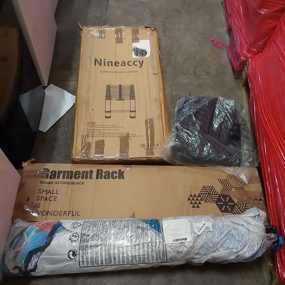PALLET OF ASSORTED CONSUMER PRODUCTS TO INCLUDE: GARMENT RACK, 4.5M TELESCOPIC LADDER, BACKPACK, BEACH TENT ECT