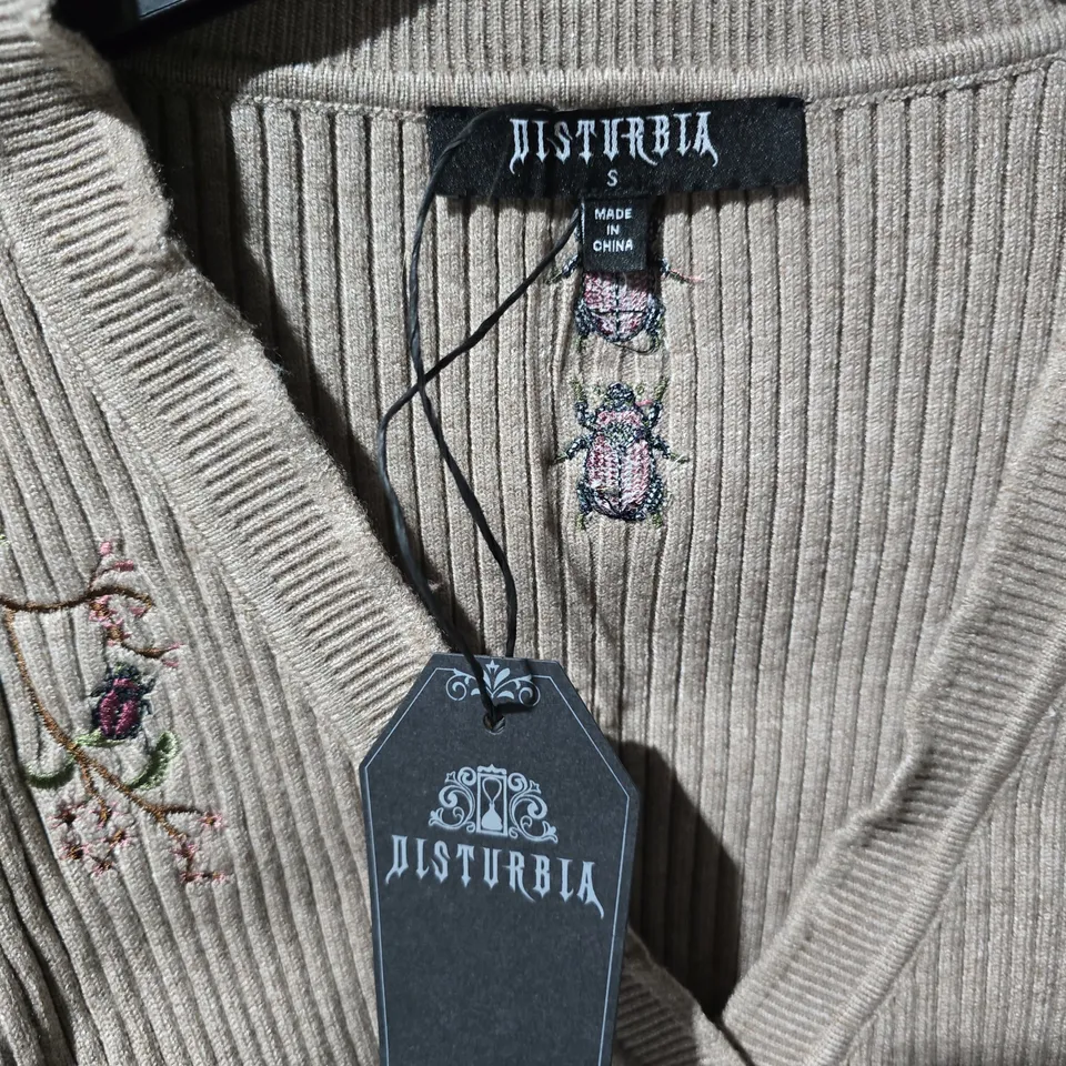 DISTURBIA WOMEN'S KNIT CARDIGAN WITH EMBROIDERED FLORAL DETAILS – BEIGE TAUPE, SIZE S