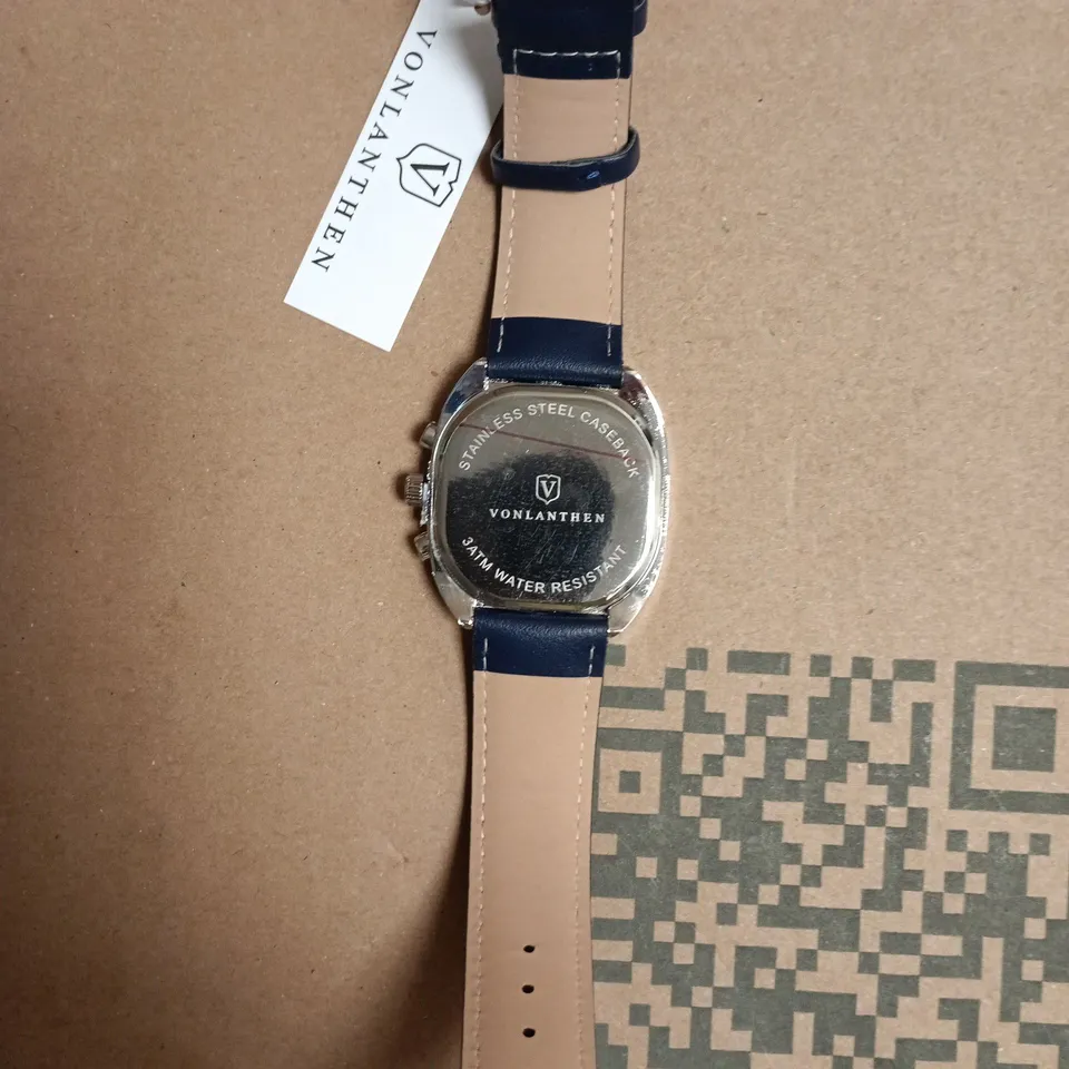 BOXED VONLANTHEN STAINLESS STEEL CHRONOGRAPH WATCH WITH LIGHT BLUE DIAL AND BLUE LEATHER STRAP