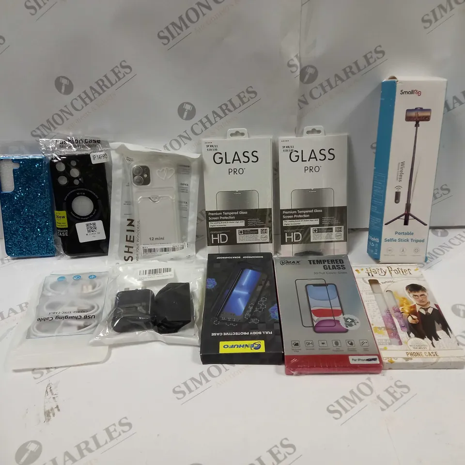 BOX TO CONTAIN APPROX. 35 X ASSORTED PHONE ACCESSORIES. INCLUDES PHONE CASES, SCREEN PROTECTORS, CHARGING CABLES ETC 