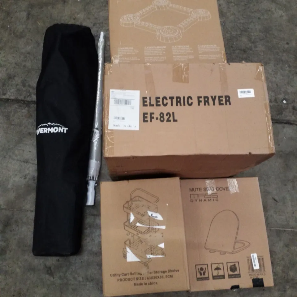 PALLET OF ASSORTED PRODUCTS INCLUDING TOILET SEAT, UTILITY CART, ELECTRIC FRYER, CLEAR UMBRELLA, CAMPING CHAIR