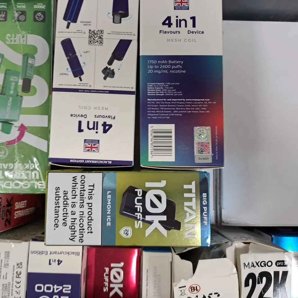 APPROXIMATELY 20 ASSORTED E-CIGARETTE AND VAPE ITEMS TO INCLUDE TITAN, MAXGO, CLIQ, ETC