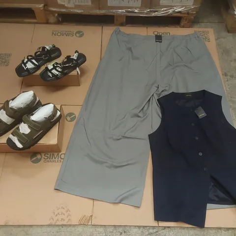 PALLET CONTAINING APPROXIMATELY 190x BRAND NEW ASSORTED DESIGNER CLOTHING ITEMS AND SHOES INCLUDING: SIMPLY BE SANDALS, JD WILLIAMS SANDALS, JD WILLIAMS WIDE LEG TROUSERS, ANTHOLOGY WAIST COAT ECT