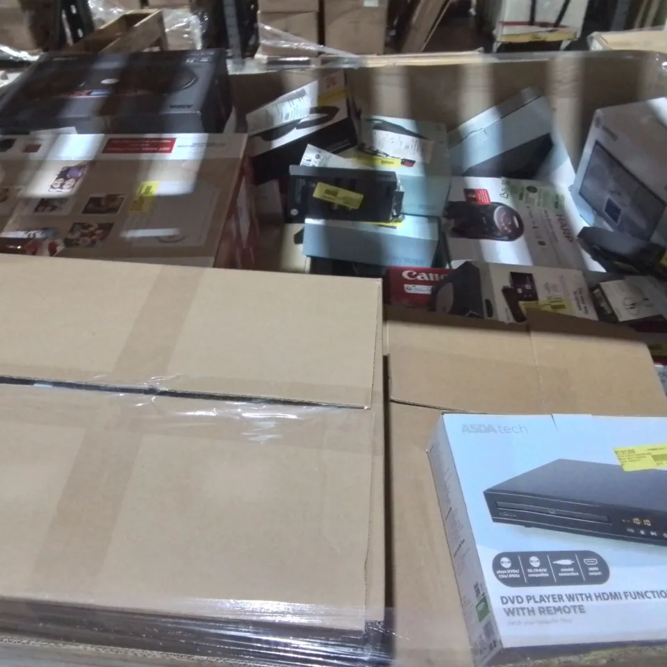 PALLET OF ASSORTED TECH ITEMS TO INCLUDE ONE FOR ALL REMOTE, BLUETOOTH BOOMBOXES, DVD PLAYERS AND GAMING SPEAKERS
