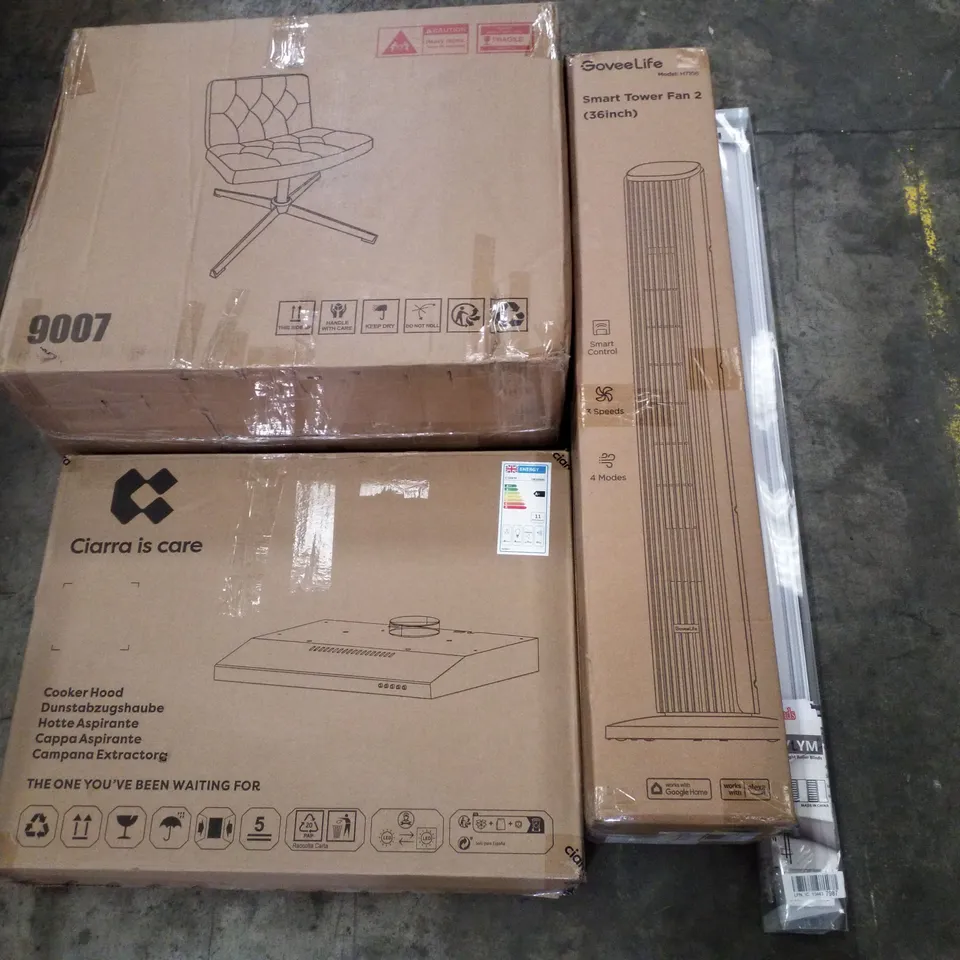 PALLET CONTAINING ASSORTED PRODUCTS INCLUDING COOKER HOOD, SMART TOWER FAN, ROLLER BLINDS & OFFICE CHAIR