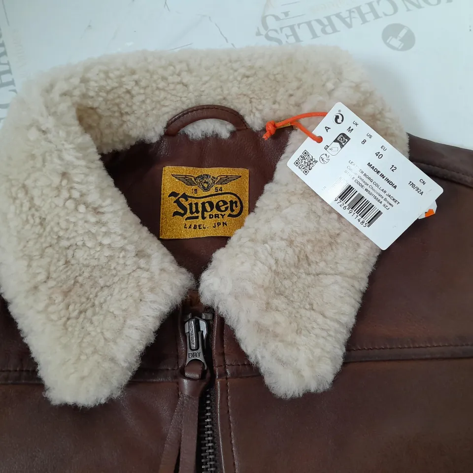 SUPERDRY LEATHER BORG COLLAR JACKET IN BROWN - UK M