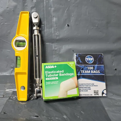 APPROXIMATELY 13 ASSORTED ITEMS TO INCLUDE - TFF 100 TEAM BAGS , ASDA ELASTICATED TUBULAR BANDAGE , LEVELLER ETC