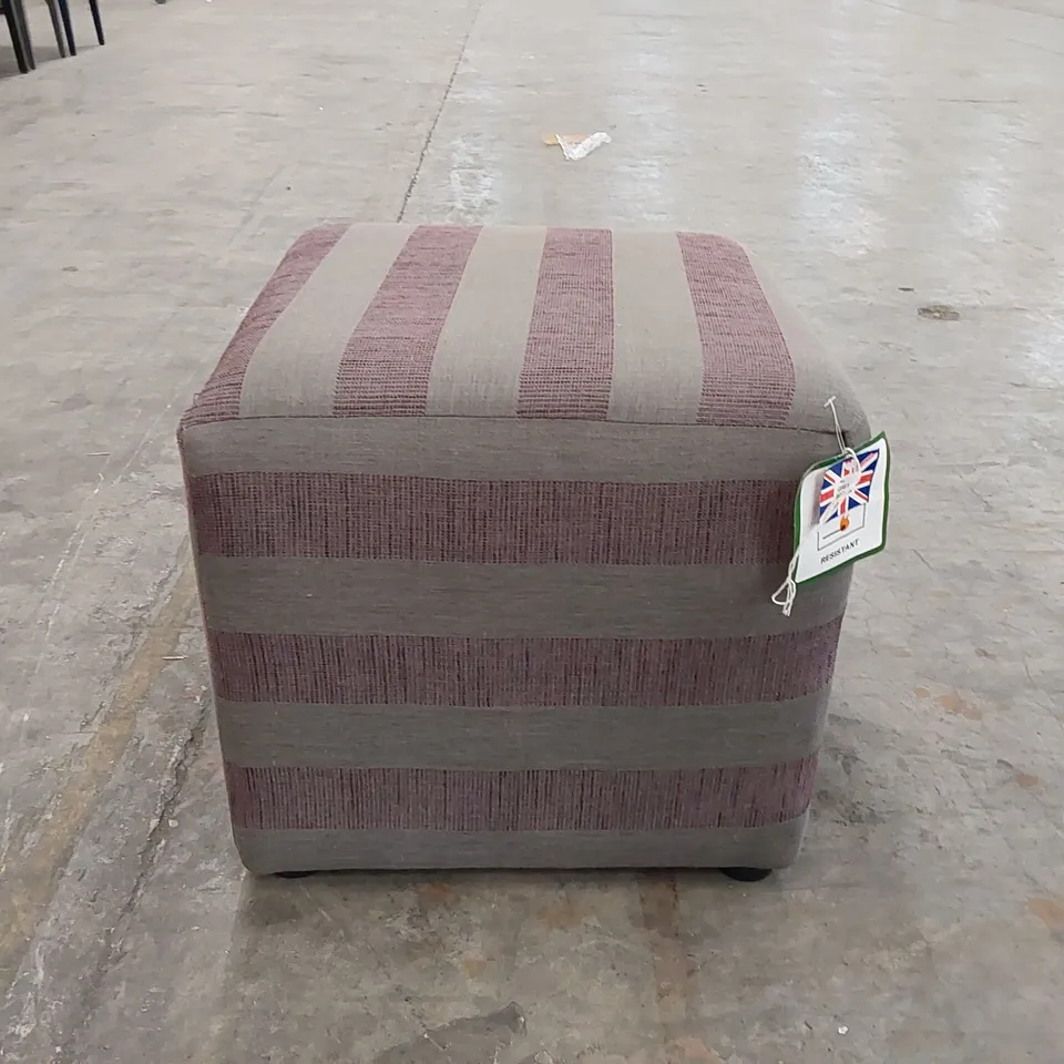DESIGNER FABRIC UPHOLSTERED SILVER AND PURPLE LINED CUBE FOOTSTOOL