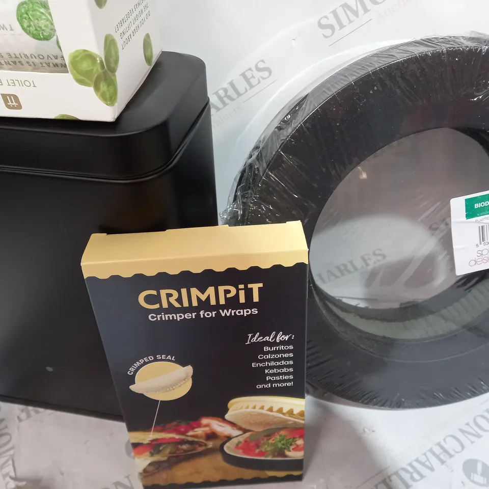 LOT OF ASSORTED ITEMS TO INCLUDE BLACK BIN - NOVELTY TP - CRIMPIT 