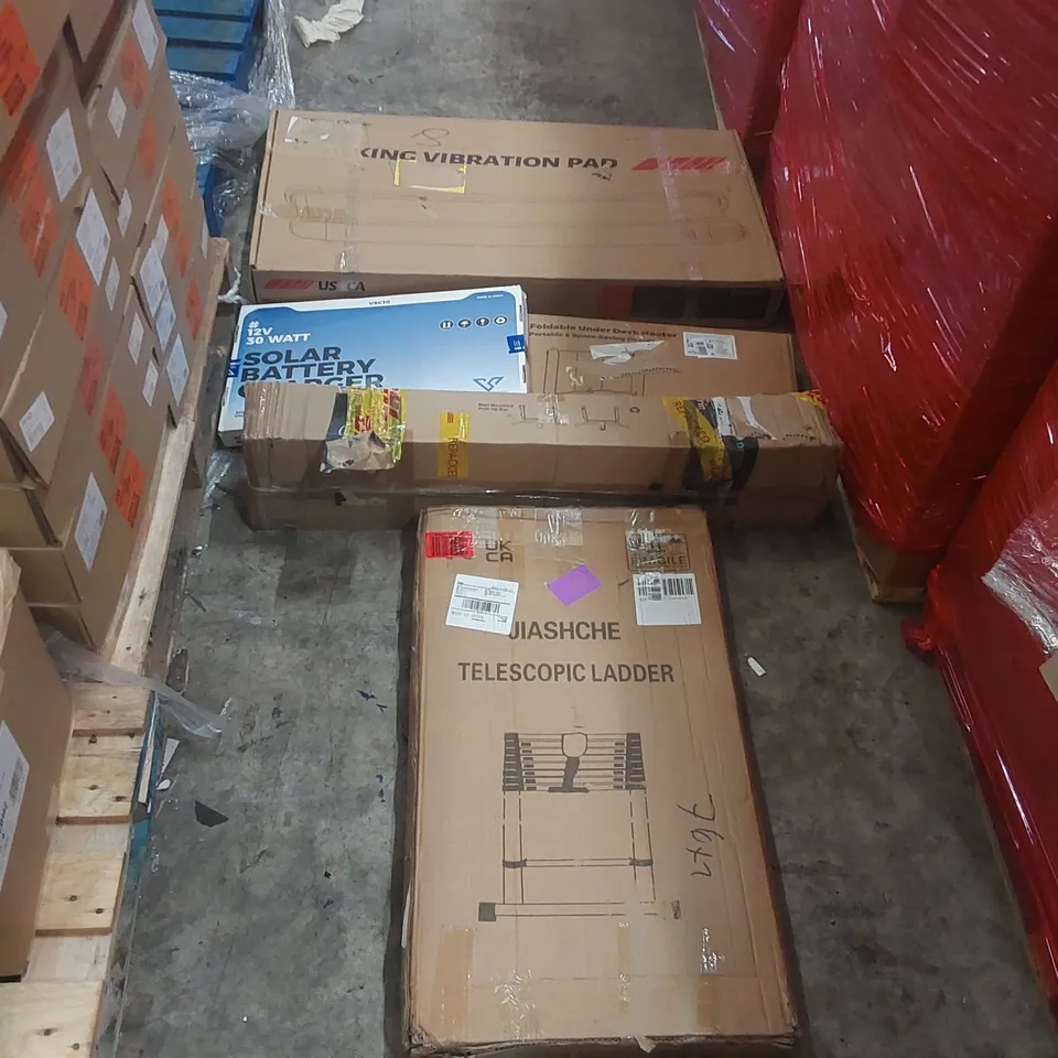 PALLET CONTAINING ASSORTED ITEMS TO INCLUDE: WALKING VIBRATION PAD, TELESCOPIC LADDER, PULL-UP BAR, UNDER DESK HEATER, SOLAR BATTERY CHARGER ECT