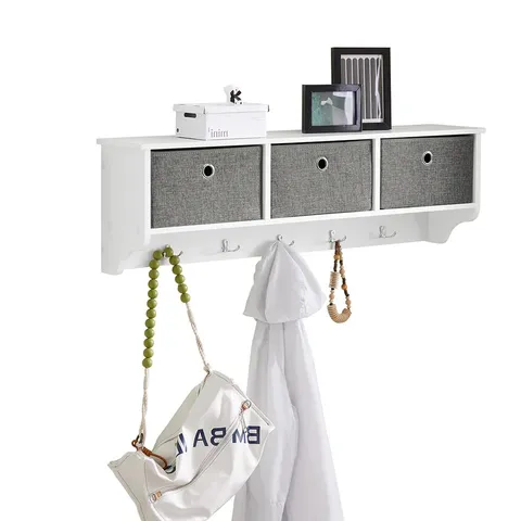 BOXED SOBUY WALL COAT RACK WALL SHELF STORAGE UNIT WITH 3 BASKETS & 5 HOOKS - WHITE (1 BOX)