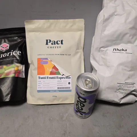 APPROXIMATELY 11 ASSORTED FOOD & DRINK ITEMS TO INCLUDE - PACT COFFEE TUTTI FRUTTI ESPRESSO , ITHAKA WATERLOO ESPRESSO  , PEAK ETC