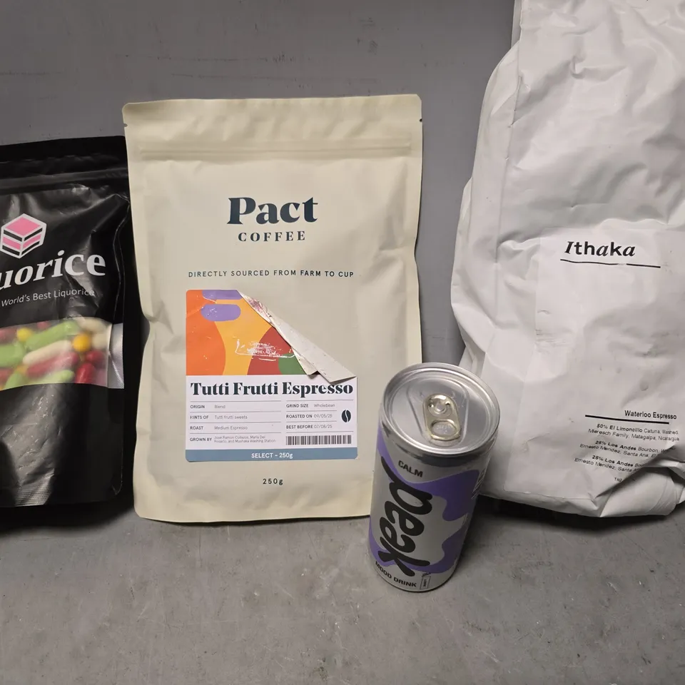 APPROXIMATELY 11 ASSORTED FOOD & DRINK ITEMS TO INCLUDE - PACT COFFEE TUTTI FRUTTI ESPRESSO , ITHAKA WATERLOO ESPRESSO  , PEAK ETC