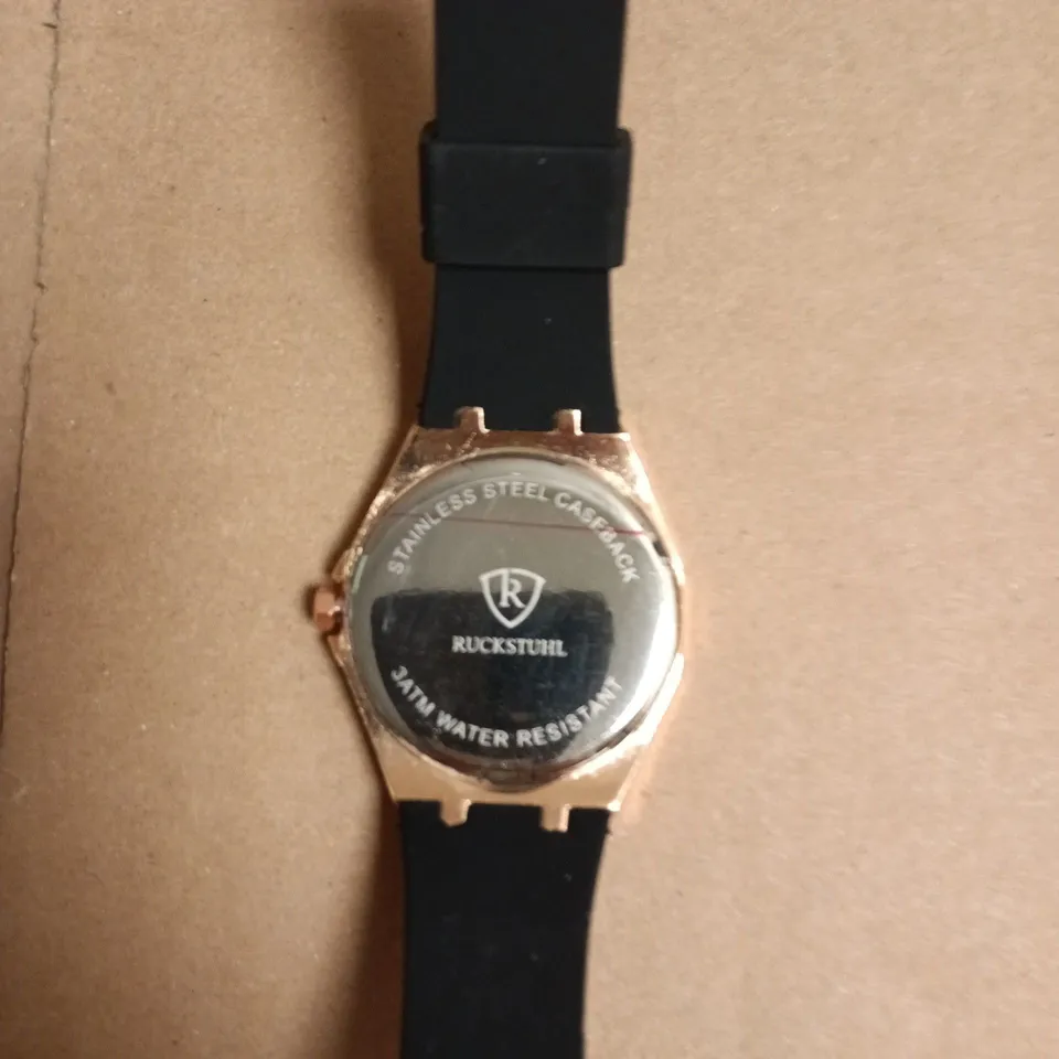 BOXED RUCKSTUHL ROSE GOLD TONE OCTAGONAL WRISTWATCH WITH BLACK RUBBER STRAP