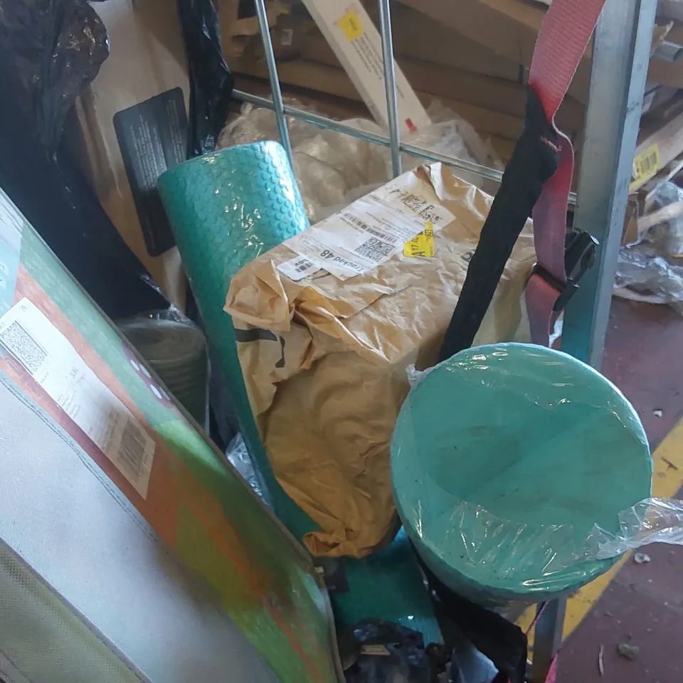 CAGE CONTAINING A LARGE QUANTITY OF ASSORTED ITEMS INCLUDING: YOGA MATS, PLAY MAT, FOAM ROLLER ECT  // CAGE NOT INCLUDED 