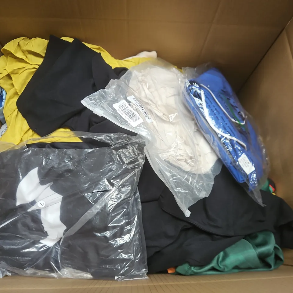 LARGE BOX OF APPROXIMATELY 25 ASSORTED CLOTHING ITEMS IN VARIOUS COLOURS, STYLES AND SIZES - COLLECTION ONLY