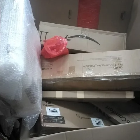 A PALLET CONTAINING ASSORTED HOUSEHOLD GOODS AND PRODUCTS TO INCLUDE; POP UP CANOPIE, SUITCASE, SHELF, BOXED FURNITURE ETC
