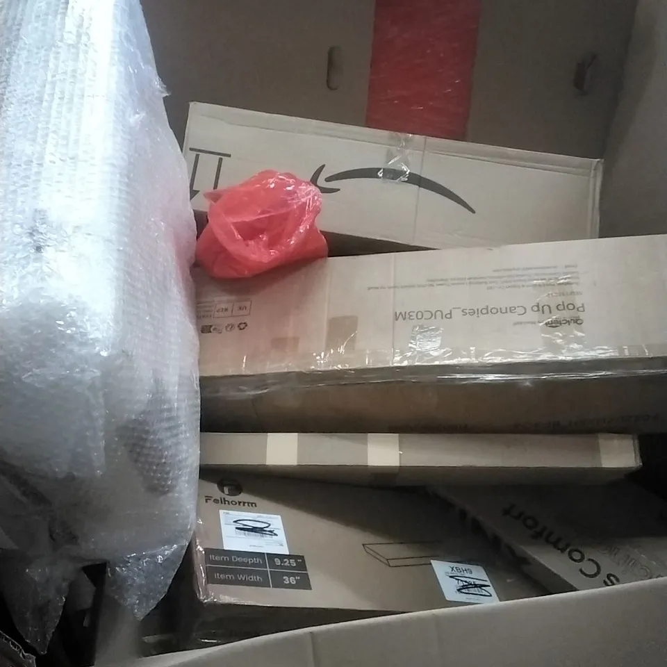A PALLET CONTAINING ASSORTED HOUSEHOLD GOODS AND PRODUCTS TO INCLUDE; POP UP CANOPIE, SUITCASE, SHELF, BOXED FURNITURE ETC