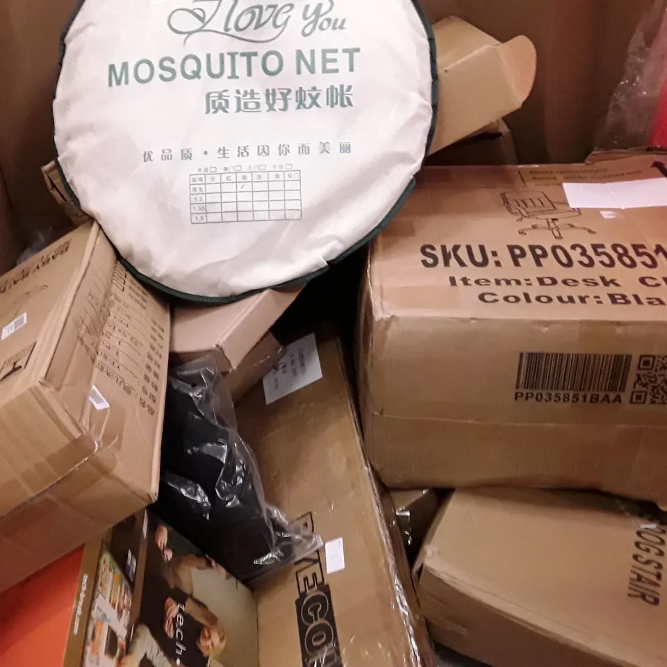 PALLET OF ASSORTED HOUSEHOLD ITEMS TO INCLUDE PORTABLE ICE BATH, MOSQUITO NET AND OFFICE CHAIR