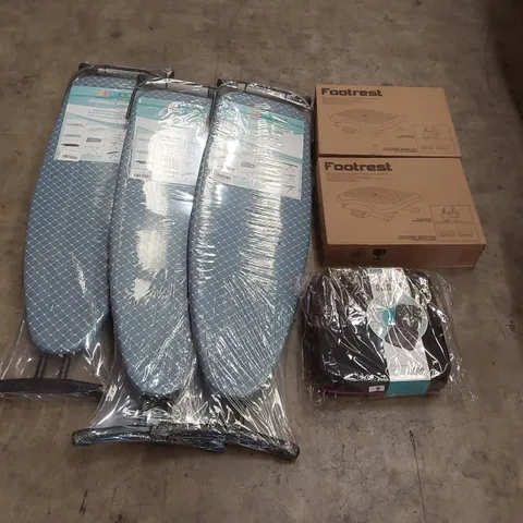 PALLET OF ASSORTED ITEMS INCLUDING: IRONING BOARDS, FOOTRESTS, NINTENDO SWITCH CASE ECT