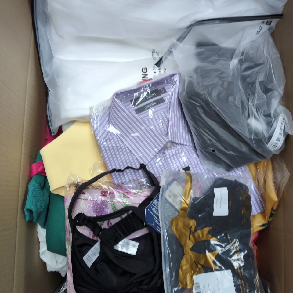 LARGE BOX OF APPROXIMATELY 25 ASSORTED CLOTHING ITEMS IN VARIOUS COLOURS, STYLES AND SIZES - COLLECTION ONLY