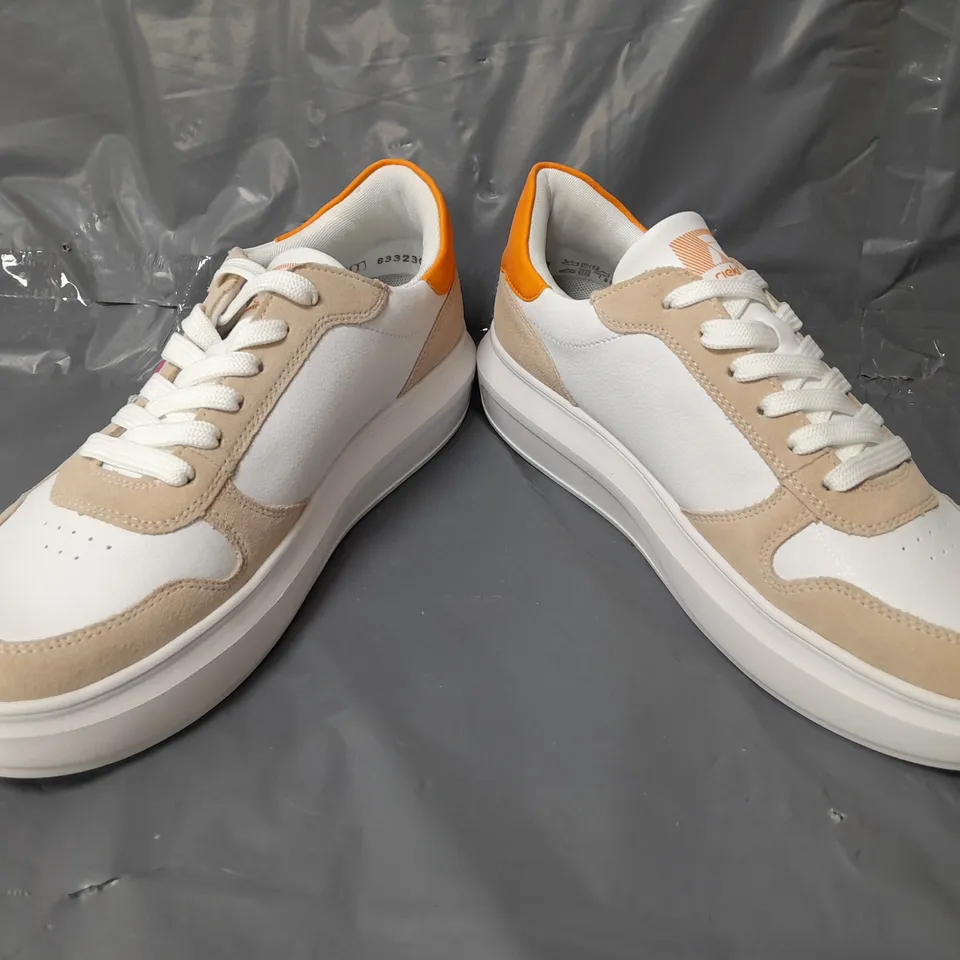 BOXED PAIR OF RIEKER REVOLUTION TRAINERS IN WHITE/PURPLE/SAND/ORANGE W. JEWEL EFFECT EU SIZE 41