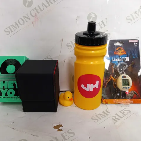 BOX OF APPROX 20 ASSORTED TOYS TO INCLUDE - HEY YO THE CARD GAME WITH A BEAT - BLACK CARD HOLDING BOX - DANBAI JURASSIC WORLD TAMAGOTCHI ECT