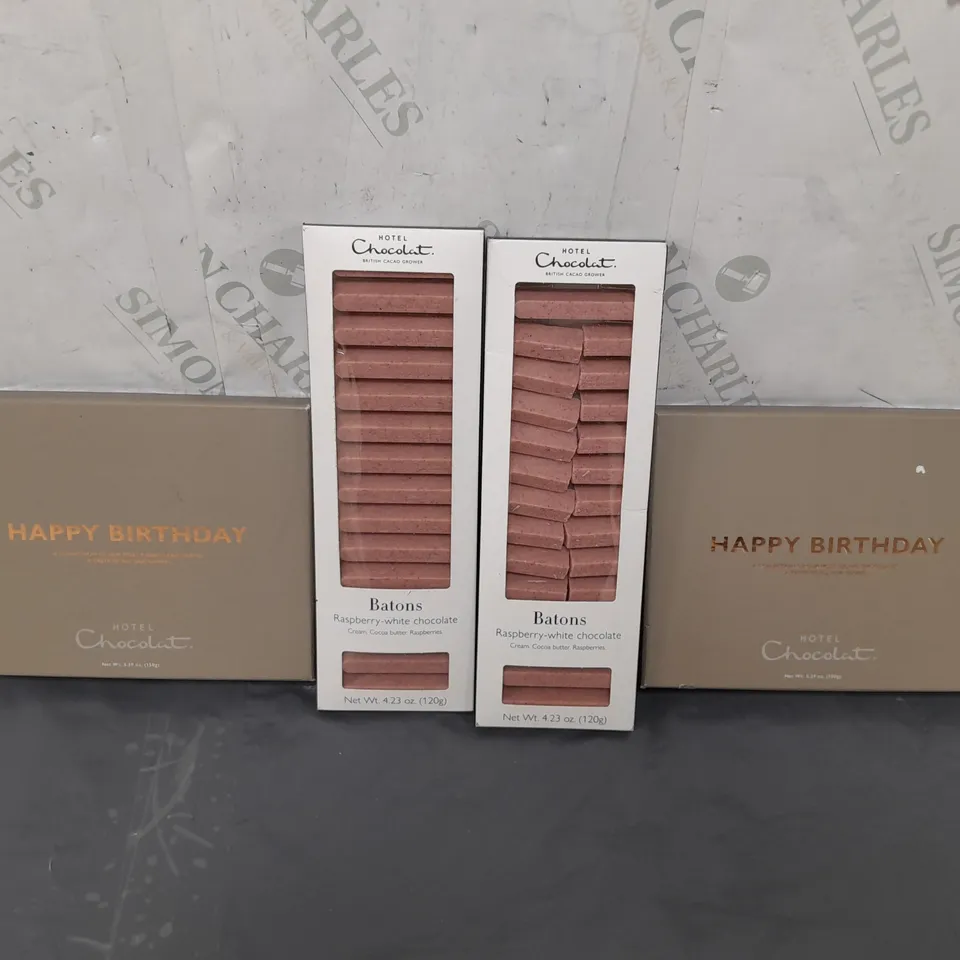 4 ASSORTED HOTEL CHOCOLAT PRODUCTS TO INCLUDE HAPPY BIRTHDAY GIFT BOX, RASPBERRY-WHITE CHOCOLATE BATONS