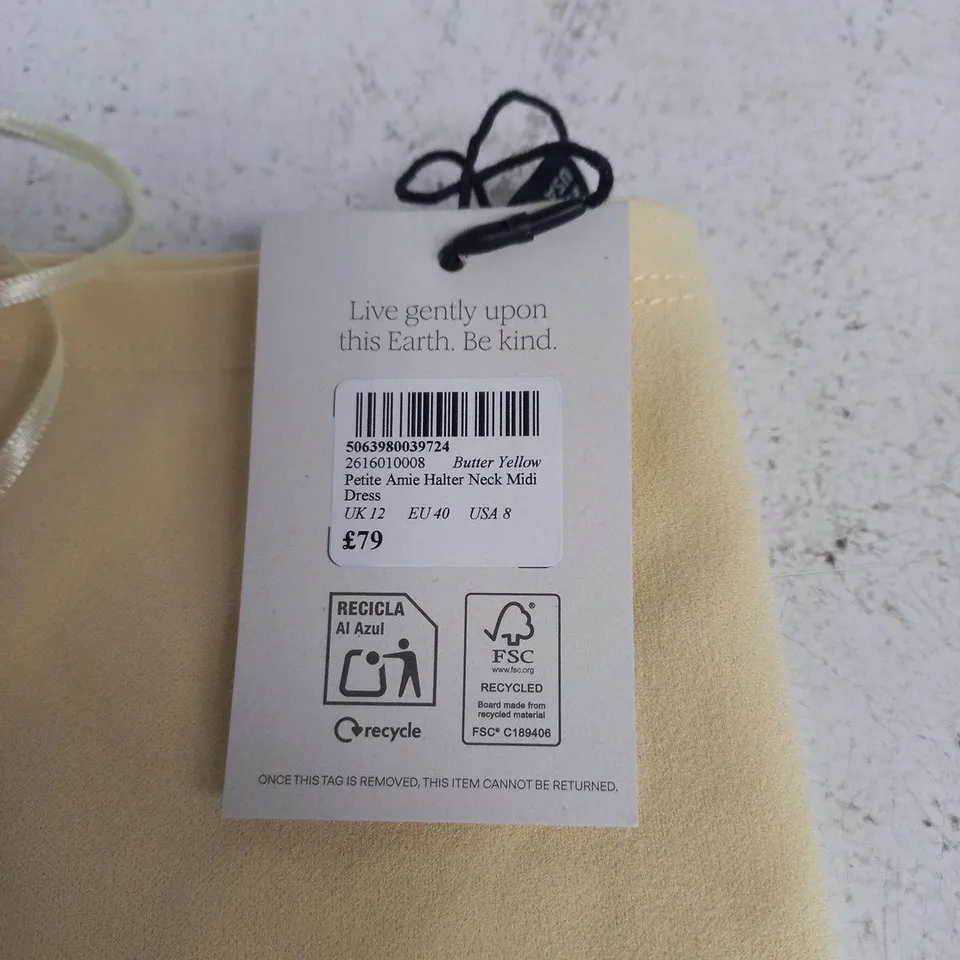 NOBODY'S CHILD BUTTER YELLOW PETITE AMIE HALTER NECK MIDI DRESS – UK 12 (EU 40, USA 8)