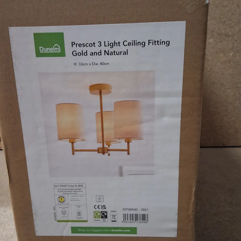 BOXED DUNELM PRESCOT 3 LIGHT CEILING FITTING – GOLD & NATURAL