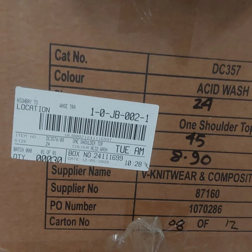 BOX CONTAINING APPROXIMATELY 30x BRAND NEW ACID WASH ONE SHOULDER TOPS - SIZE 24