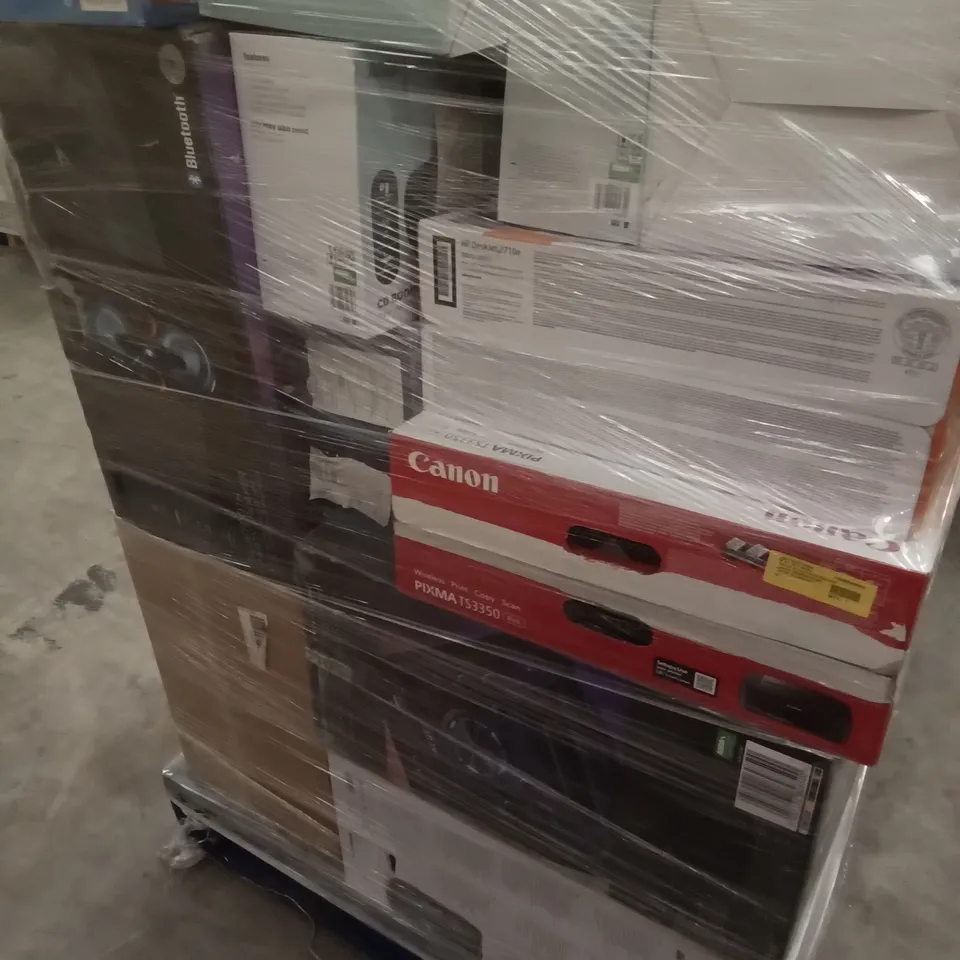 PALLET OF ASSORTED ELECTRONICS INCLUDING SHARP PARTY SPEAKER SYSTEM, EPSON PRINTER, WIRED HEADPHONES, CANON PIXMA PRINTER, CD BOOMBOX, HP DESKJET