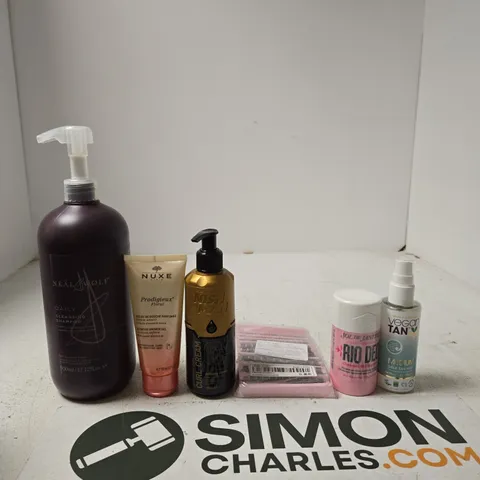TOTE OF APPROXIMATELY 10 ASSORTED BEAUTY PRODUCTS INCLUDING NEAL & WOLF SHAMPOO, NUXE SHOWER GEL AND NISH MAN CURL CREAM