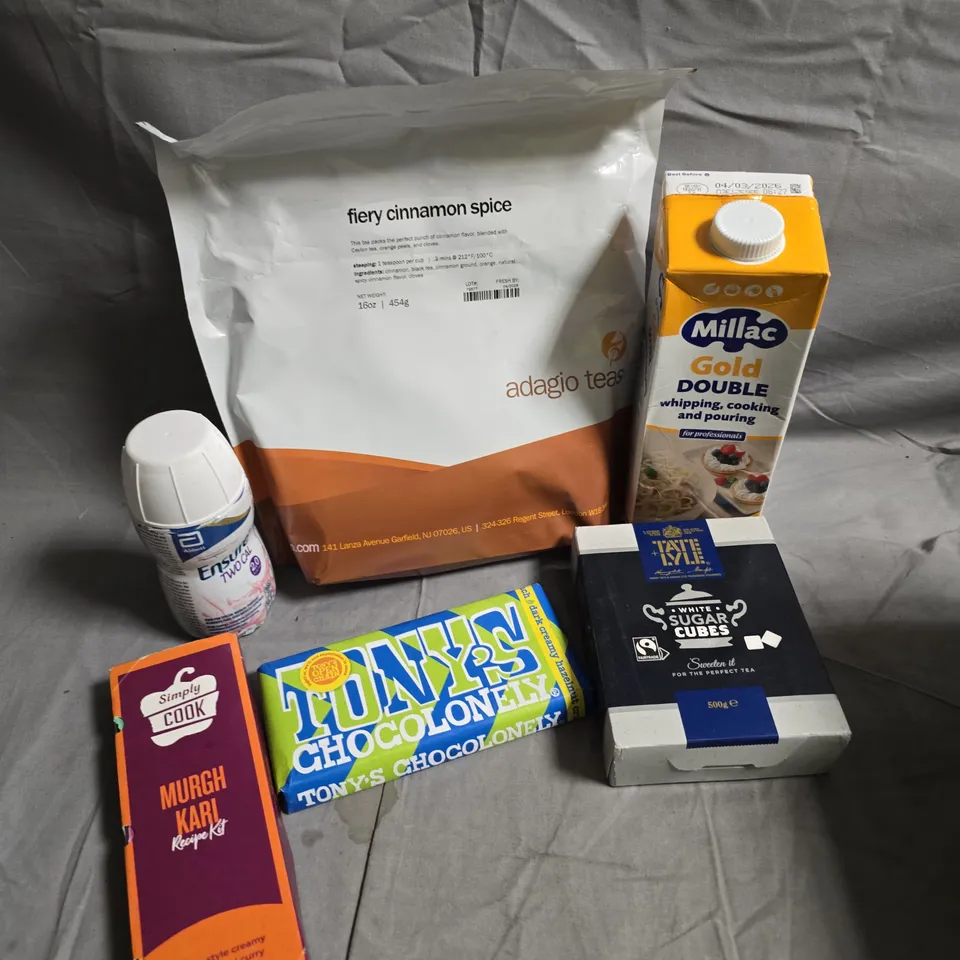 APPROXIMATELY 10 ASSORTED FOOD/DRINK PRODUCTS TO INCLUDE CINNAMON SPICE, TONY'S CHOCOLATE, SUGAR CUBES ETC 